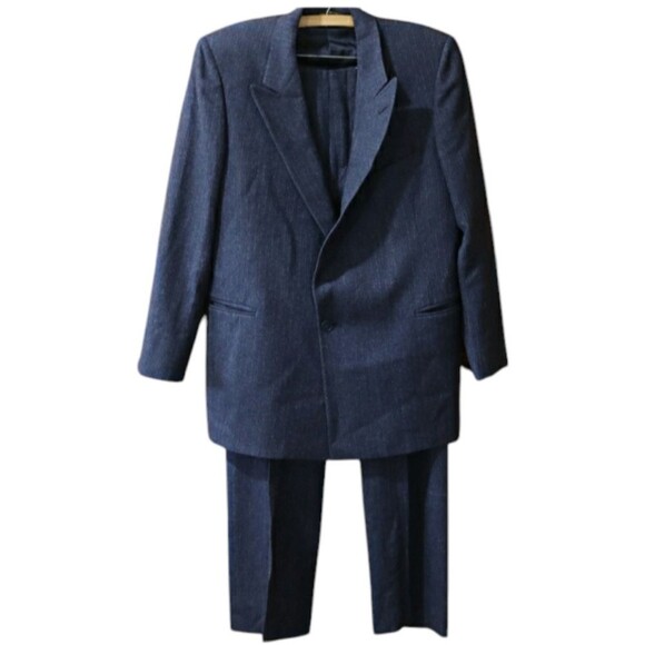 Vintage Pants - Vintage Wool Pinstripe Gray & Blue One Button Pant Suit Large